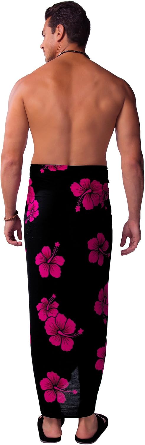 1 World Sarong Mens Hibiscus Plus Size Fringeless (TM) Sarong in Black W/Pink
