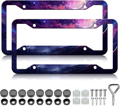 Moon License Plate Frame - 2PCS Beautiful Night Forest Stainless Steel Metal License Plate Holder, Rust-Proof Waterproof Car Decorative Tag Frames