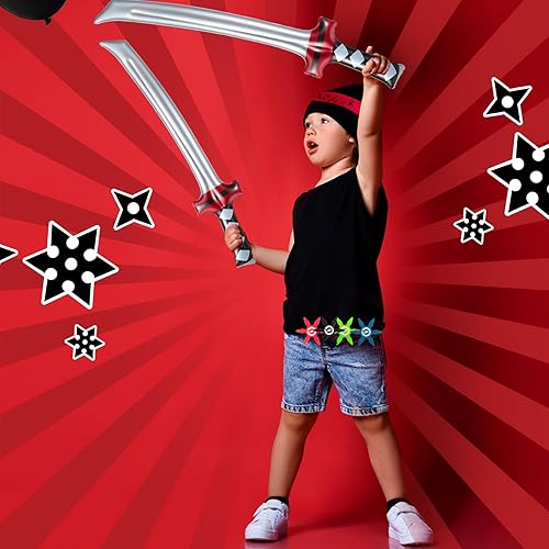 Miniatura 6 de Deekin 48 piezas de recuerdos de fiesta de ninja, incluye espada ninja inflable, juguetes de estrella ninja de espuma, diademas de ninja, pequeñas