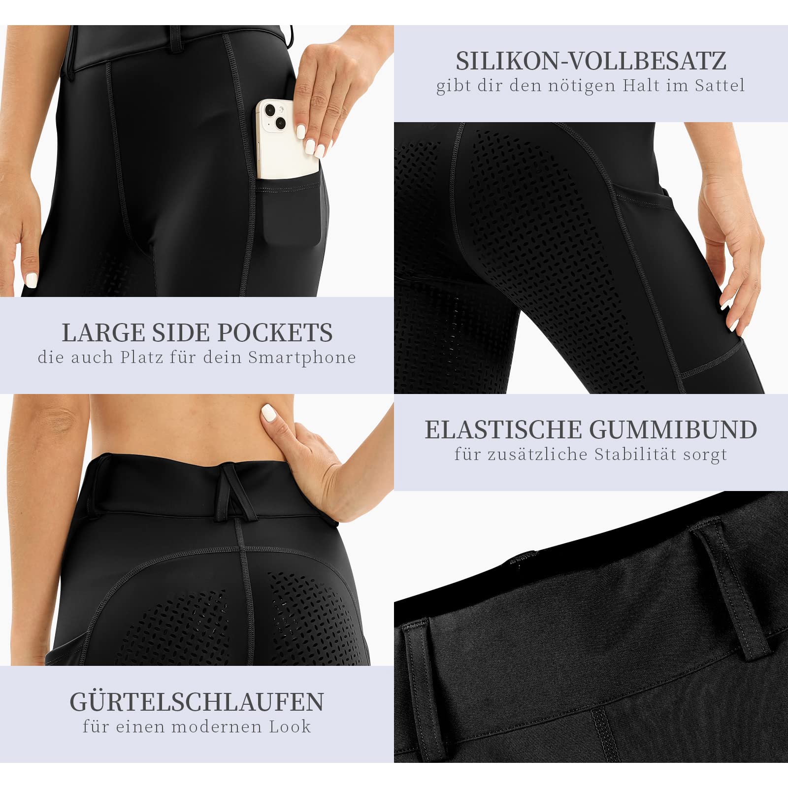 Reitleggings Damen Vollbesatz mit Handytasche, High Waist Reithose Damen Mädchen Stretch mit Gürtelschlaufen