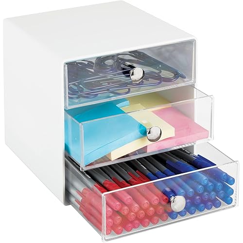 mDesign Plastic Office Desk Organizer with Drawers - Desktop Storage Unit for Work Supplies - 3 Drawer Cube Office Supply Organizer for Pencil, Pen, Stationary Storage, Lumiere Collection, White/Clear