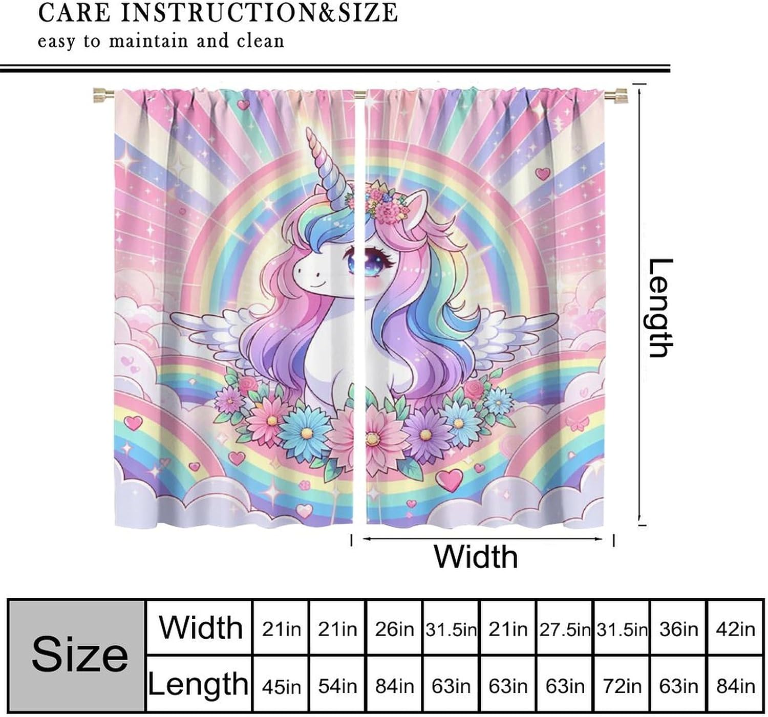 Cute Unicorn Curtains Kids,Ombre Pink Rainbow Stars Princess Cartoon Decor Rod Pocket Window Treatment for Girls Baby Room Living Room Bedroom Living Room Nursery Drapes 41" W X 45" L