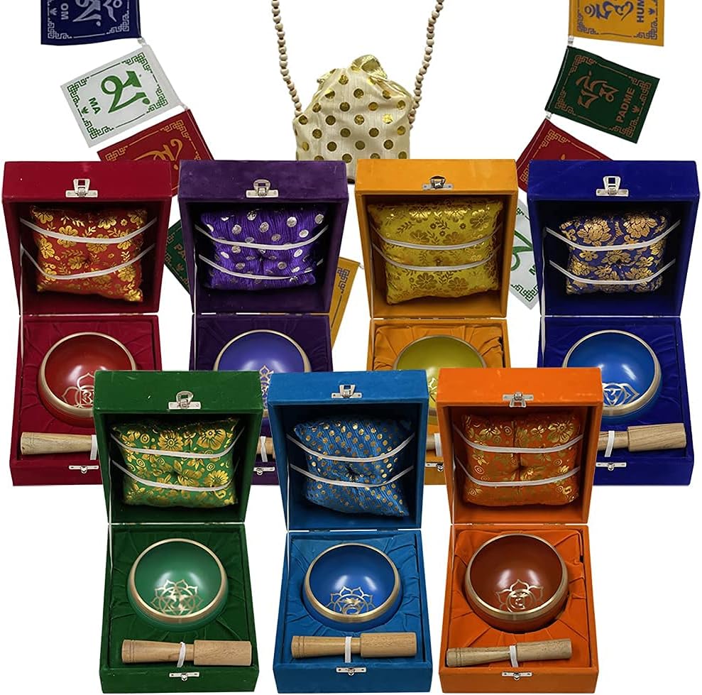 Chakra Singing Bowls Set Cuencos Tibetanos avec coussin Mallet Tulsi Perles Mala Tibetan Prayer Flag For Meditation Mindfulness - Style2 Size Medium