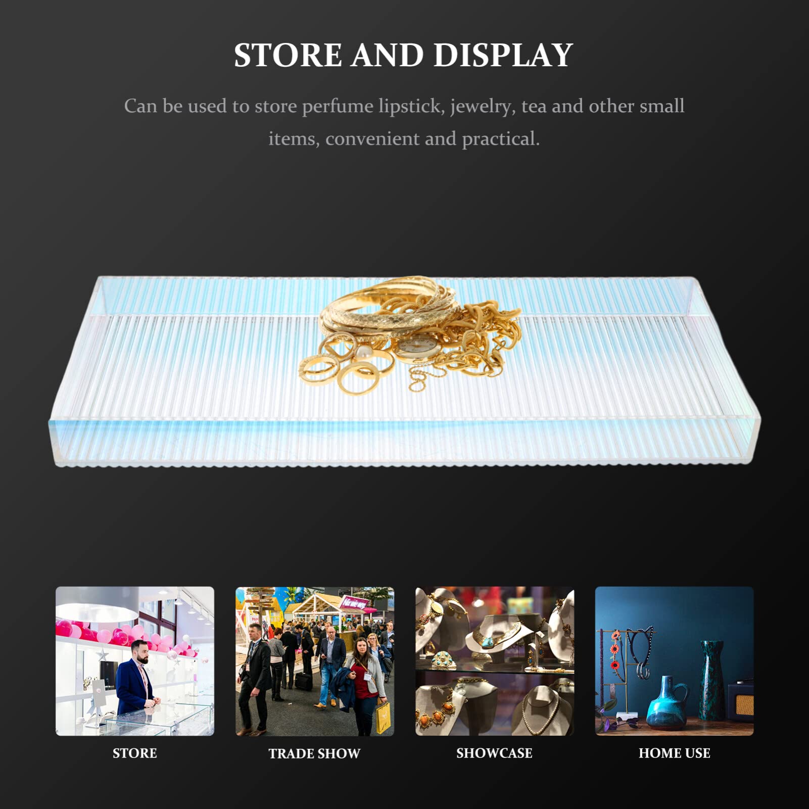 Cabilock Stripe Acrylic Vanity Tray for Dresser Elegant Perfume Organizer Jewelry Holder Lightweight Storage for Bathroom Bedroom Living Room Decor