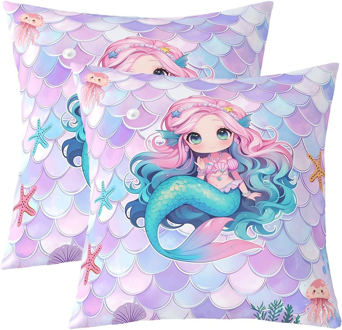 Erosebridal Mermaid Tail Pillow Covers 24x24 Inch Set of 2,Cute Mermaid Princess Throw Pillow Covers for Sofa,Kids Fish Scales Cushion Cases,Girly Purple Blue Sea Animal Skin Decorative Pillow Covers