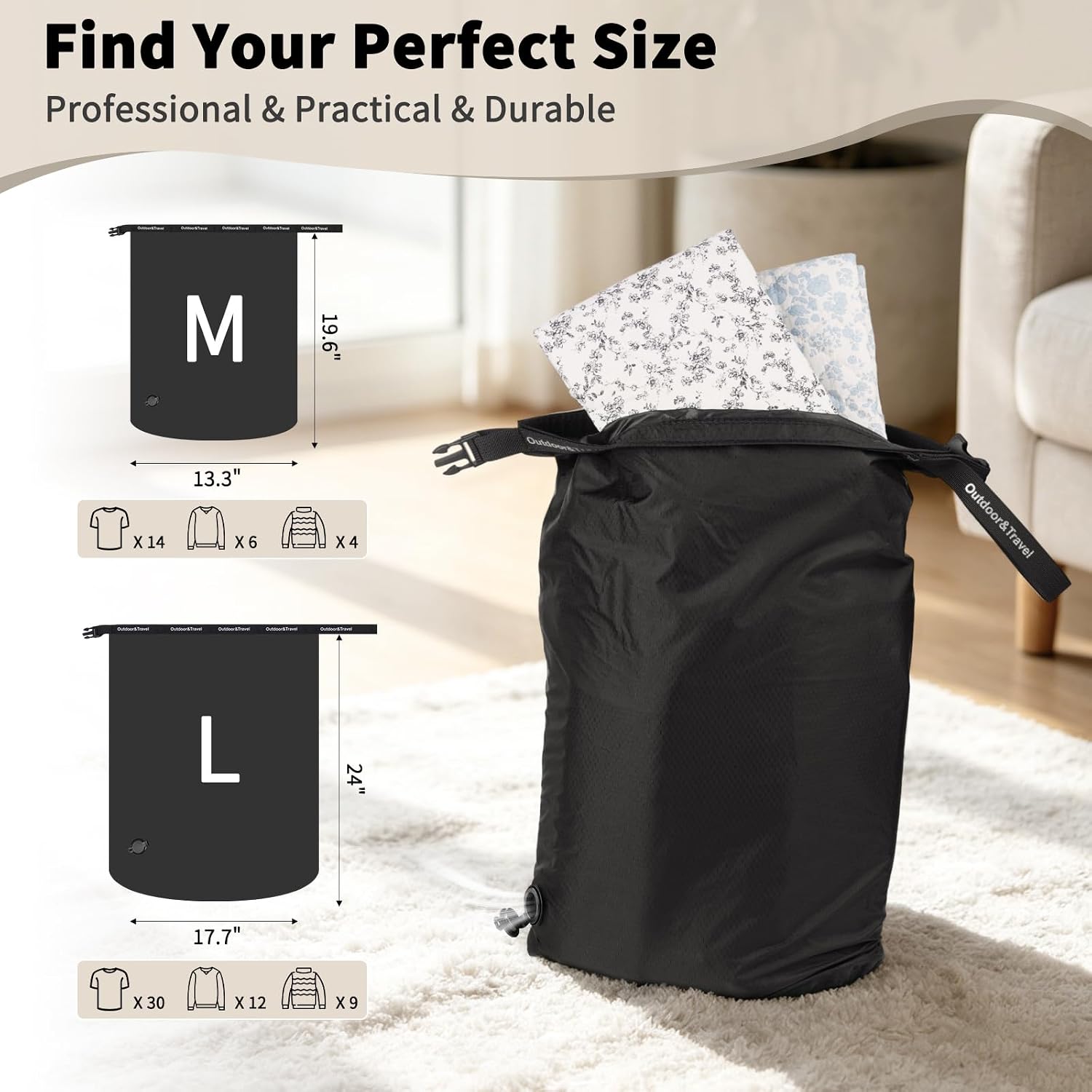 Travel Laundry Bag, Compression Bags for Travel - Waterproof Dirty Clothes Vacuum Storage, Smell Proof Space Saver for Cruise Gym Camping (L)