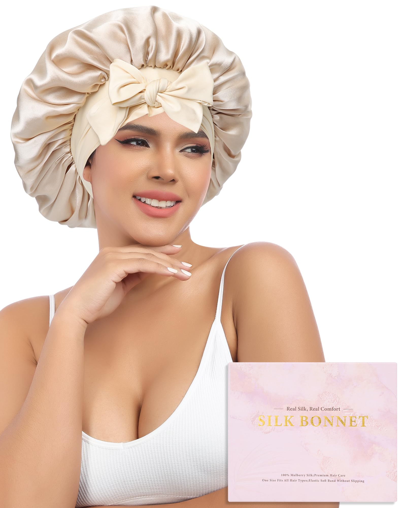 AWAYTR Silk Bonnet for Sleeping Women 100% Mulberry Silk Bonnet with Band 2 Layer Reversible Hair Bonnet Sleeping Hair Wrap (Champagne/Beige)