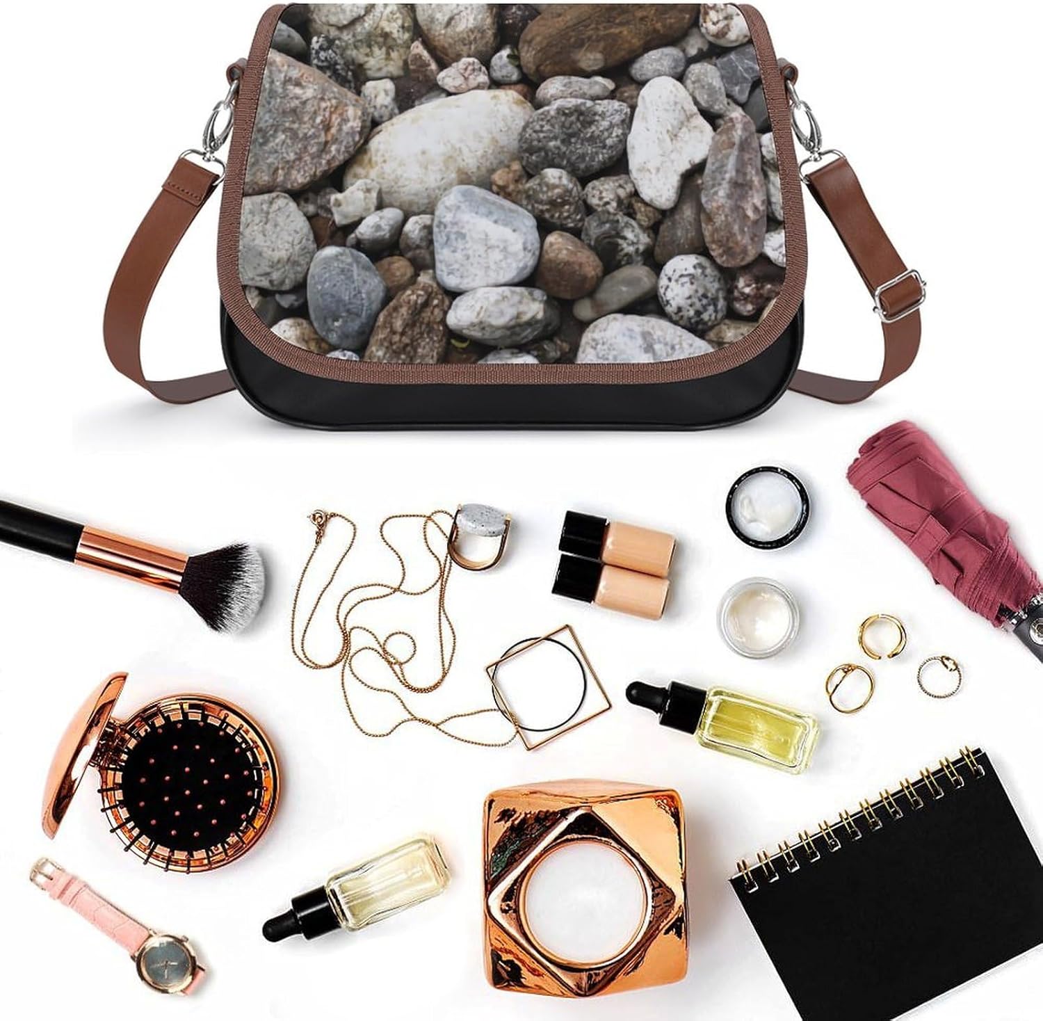 River Rocks CobblestonesWomen's Faux Leather Crossbody Bag, Waterproof Wrinkle-Resistant Shoulder Bag with Detachable Strap, Large Capacity Casual Handbag, Fashion Daily Purse for Shopping Work Dating