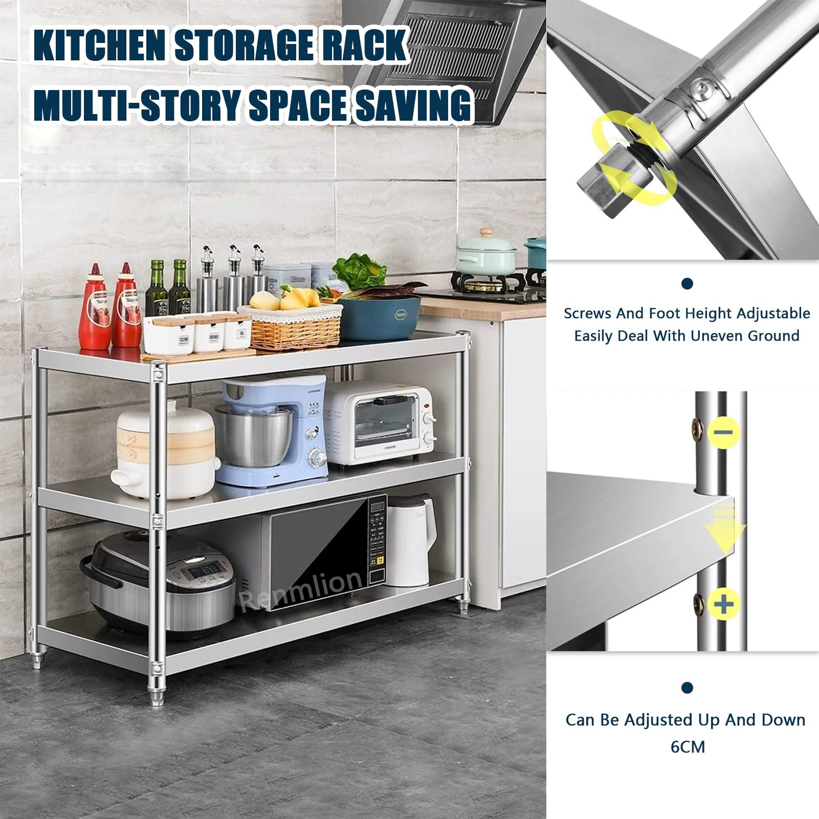 Scaffale per forno a microonde a 3 ripiani in acciaio inox, resistente, per pentole e padelle, per la famiglia (90 x 45 x 80 cm)