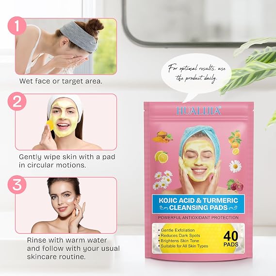 HUALIJIA Turmeric Kojic Acid Cleansing Pads, 80 Count Turmeric and Kojic Acid Pads, Mild and Non-irritating, Suit for All Skin Types