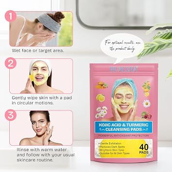 HUALIJIA Turmeric Kojic Acid Cleansing Pads, 80 Count Turmeric and Kojic Acid Pads, Mild and Non-irritating, Suit for All Skin Types