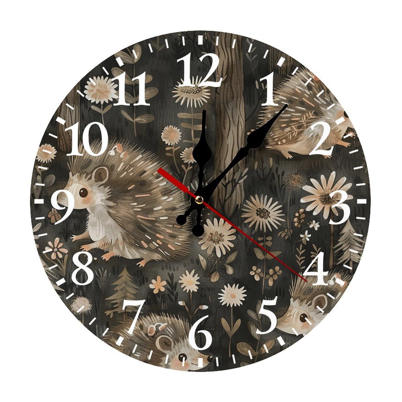 NTVOWPZO 10 Inch Wall Clock Gray Hedgehog Battery Operated Wall Clocks Silent Non-Ticking Round Wall Clock for Living Room Kitchen Home Office Wall Decorative Clock