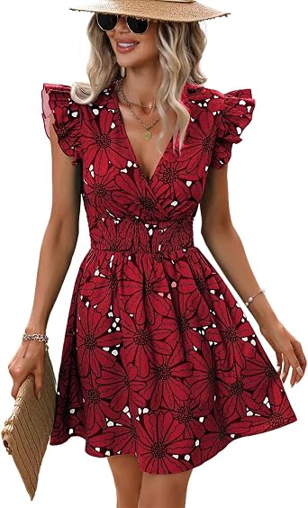 Women Summer Belted Tie Waist Dress A Line V Neck Flowy Cap Sleeves Beach Dresses Floral Prints Sundress