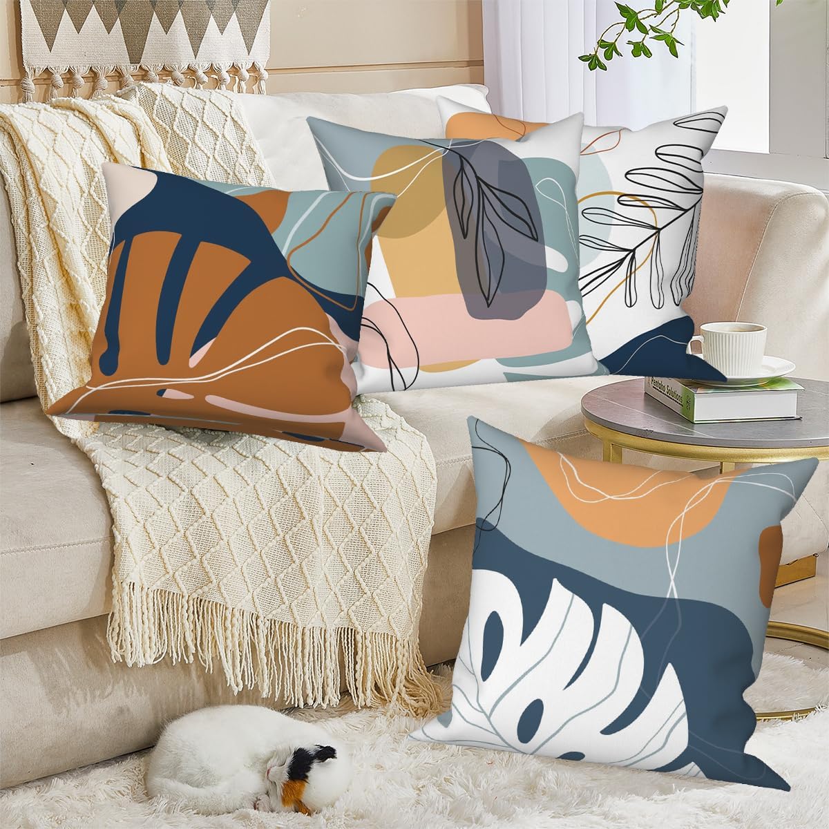 Abstract Palm Leaves Pillow Covers 18''x18'' Set of 4, Modern Geometric Line Pattern Cushion Covers Decorative Tropical Print Pillow Cases for Couch Sofa Bedroom Farmhouse Garden Patio