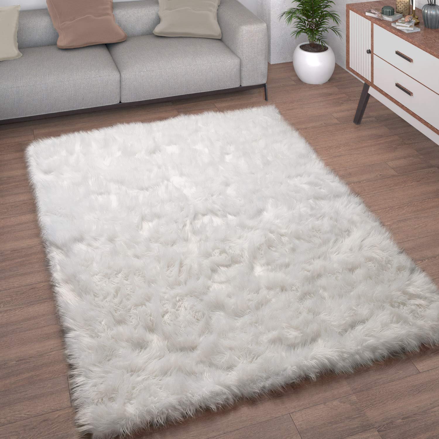 Paco Home Piel Sintética Alfombra Salón Imitación Pelo Largo Cojín Forma Corazón Redonda, tamaño:60x100 cm, Color:Blanco