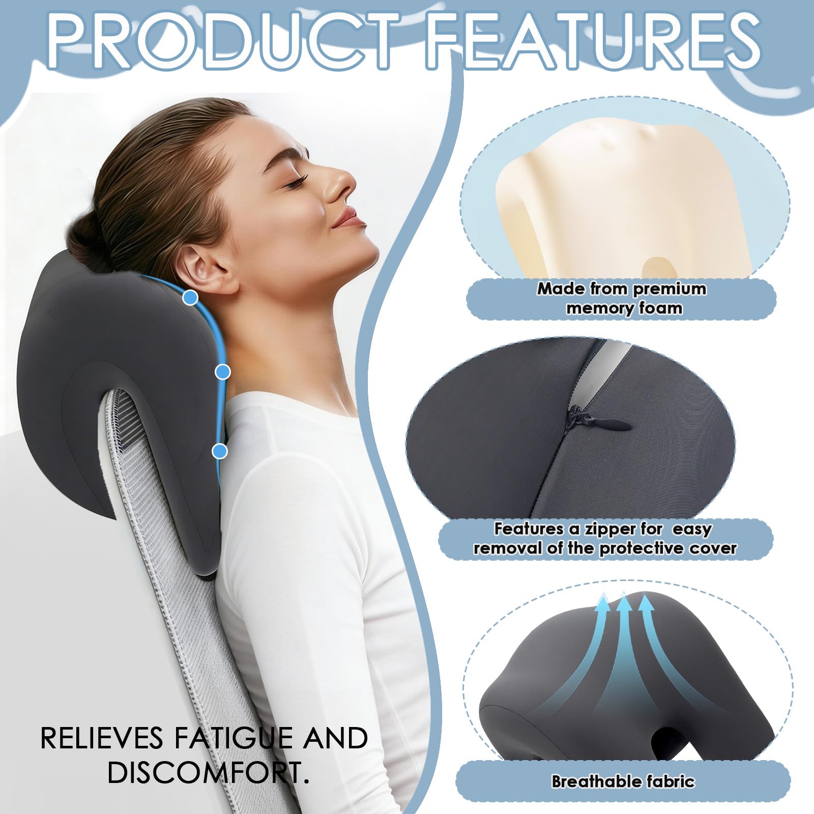 Kopfstütze Bürostuhl, Nackenkissen für Bürostuhl 30 * 18 * 24cm, Kopfstütze Ergonomisches Kissen, Elastisches Memory Foam Nackenkissen, für Bürostühle, Drehstuhl, Reisen (Grau)