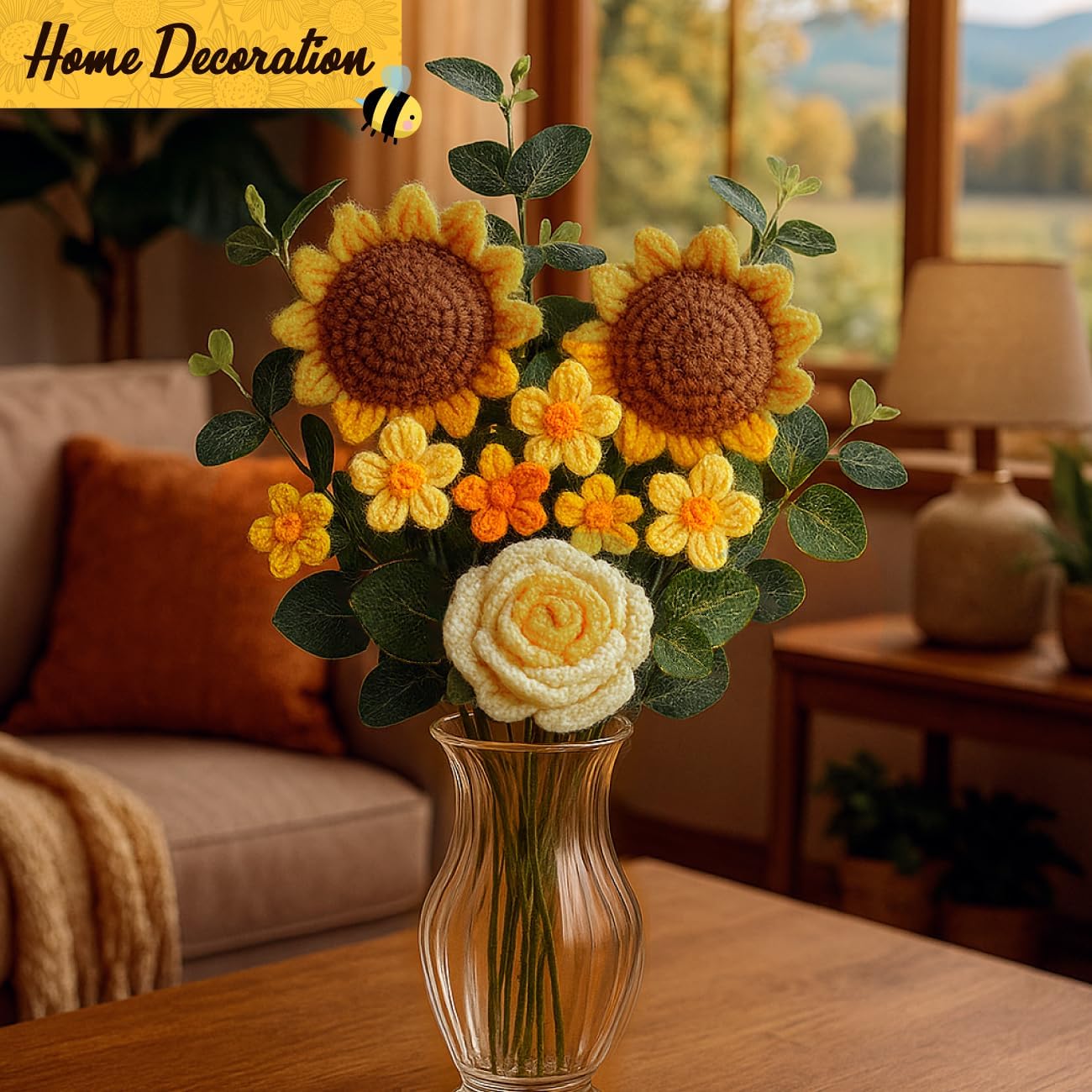 AMARILO - Crochet Flower Bouquet with Sunflowers – Handmade Yarn Flowers with Gift Box & Sunflower Keychain, Cute Crochet Flowers for Birthday, Mother’s Day, Get Well or Room Decor