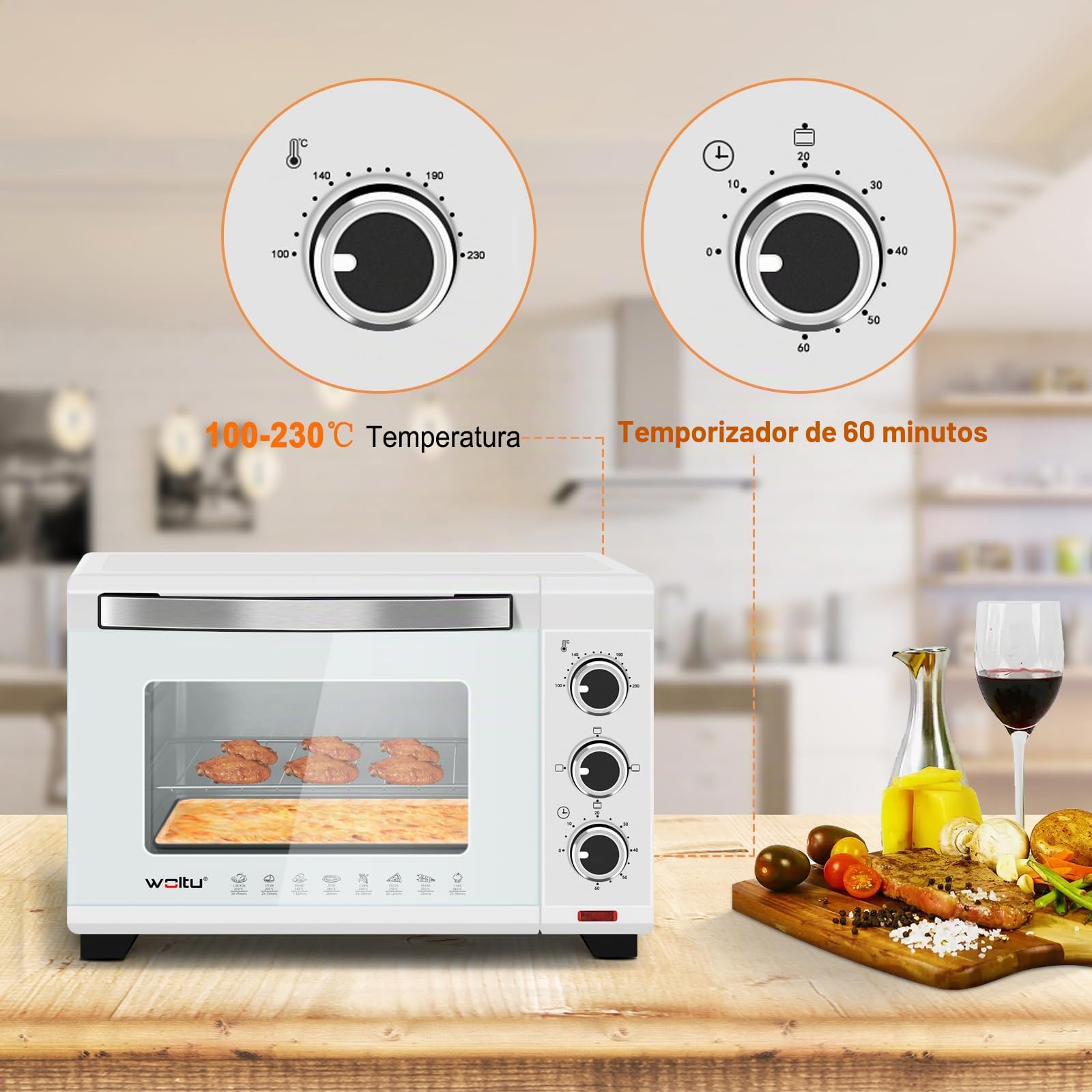WOLTU Horno Pequeño Sobremesa 21 L, 1280 W, 100-230℃, Calor Superior e Inferior, Temporizador 0-60 Min, Blanco