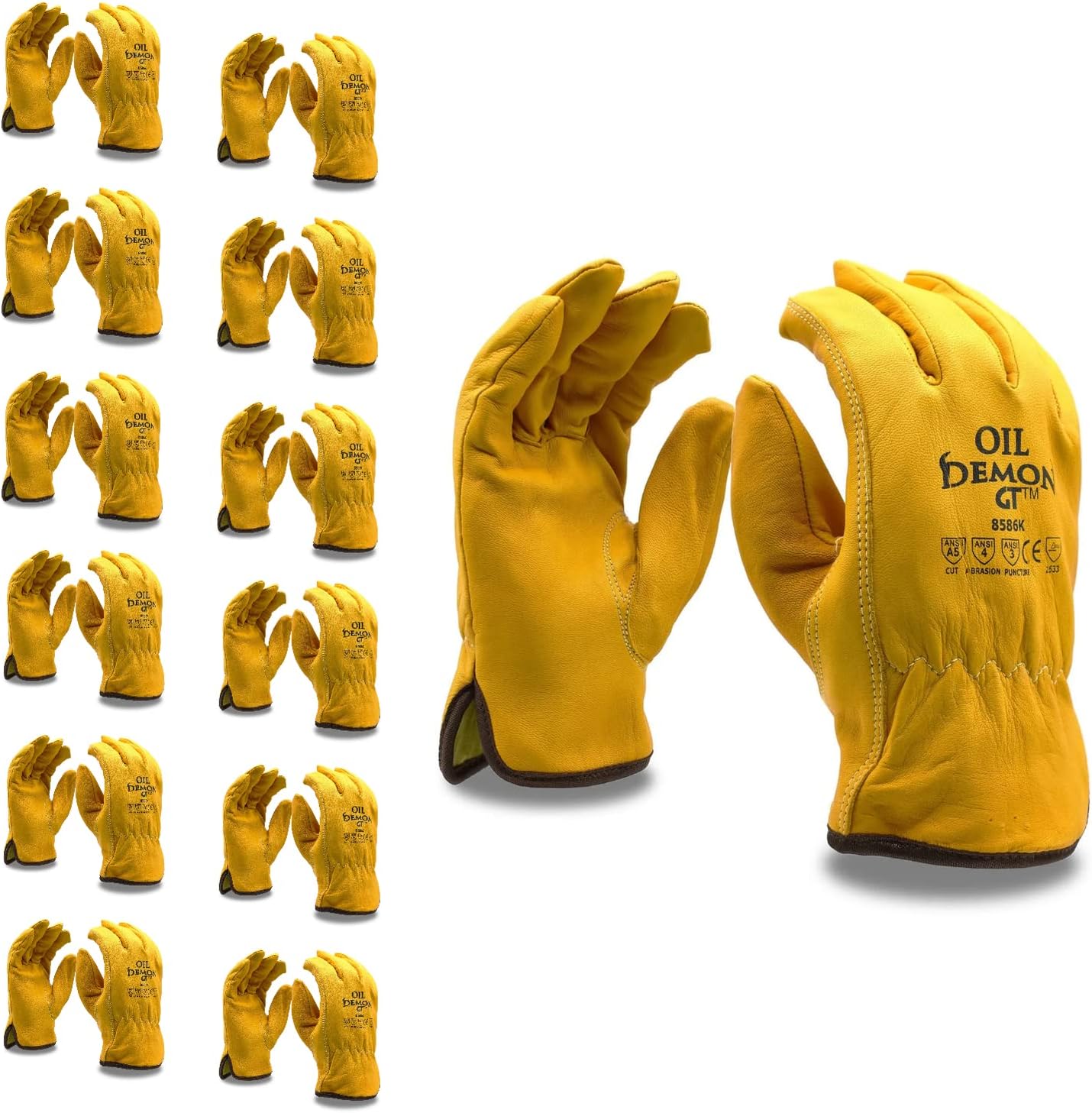 Cordova 8586K Oil Demon Gt Gloves, Premium Oil-Resistant Grain Goatskin Driver, Aramid/Glass Fabric Lined, Keystone Thumb, ANSI Cut Level 5, Large, 12-Pack