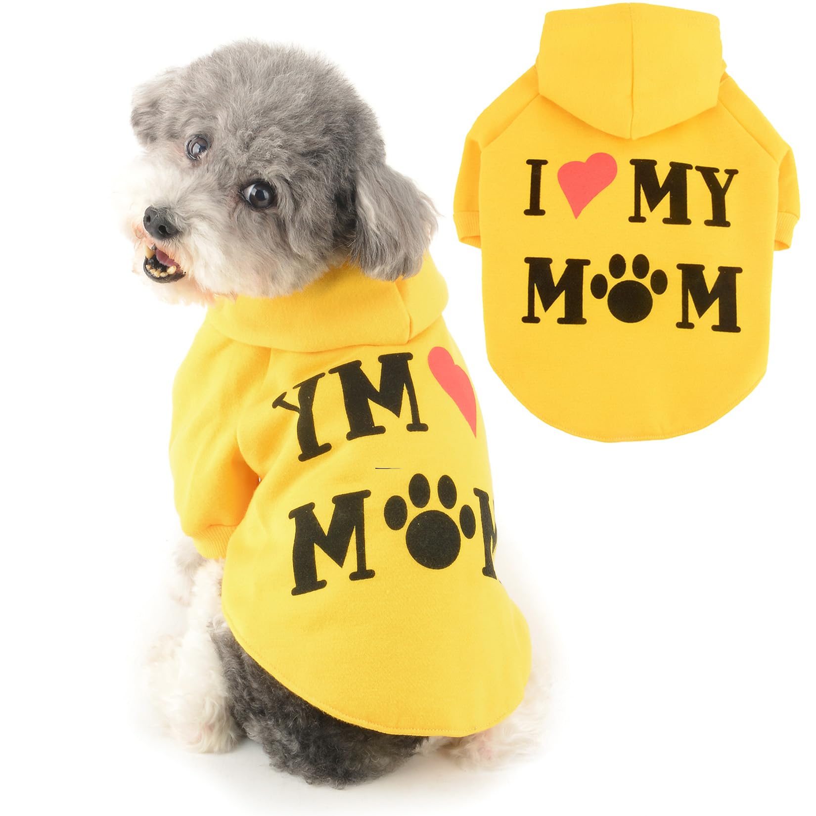 Ranphy Dog Hoodies for Small Dog Girls Boy Pet Jumper with Letter "I Love My Mom" Puppy Sweatshirt Hooded with Leash Hole Autumn Spring Pullover Mother Day Thanksgiving Day Cat Sweater, Yellow, S