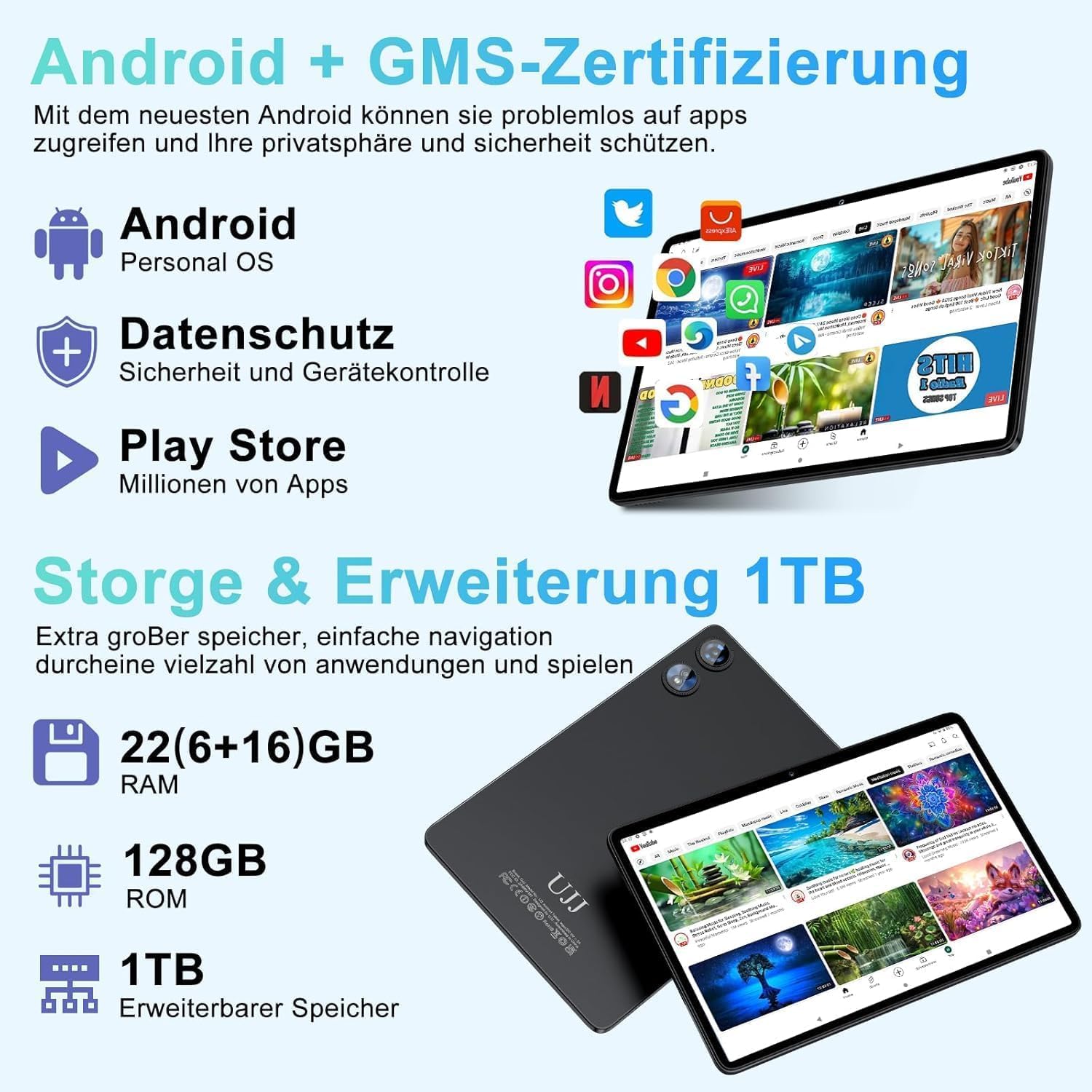 2026 Neueste Tablet 10 Zoll Android Octa-Core 22GB RAM+128GB ROM 2TB Erweiterbar, BT 5.0, 8000mAh, 8+5MP, 1280 x 800 FHD IPS, GPS, Widevine L1, 5G+2.4G WiFi 6, Tablet mit Tastatur und Maus - Schwarz