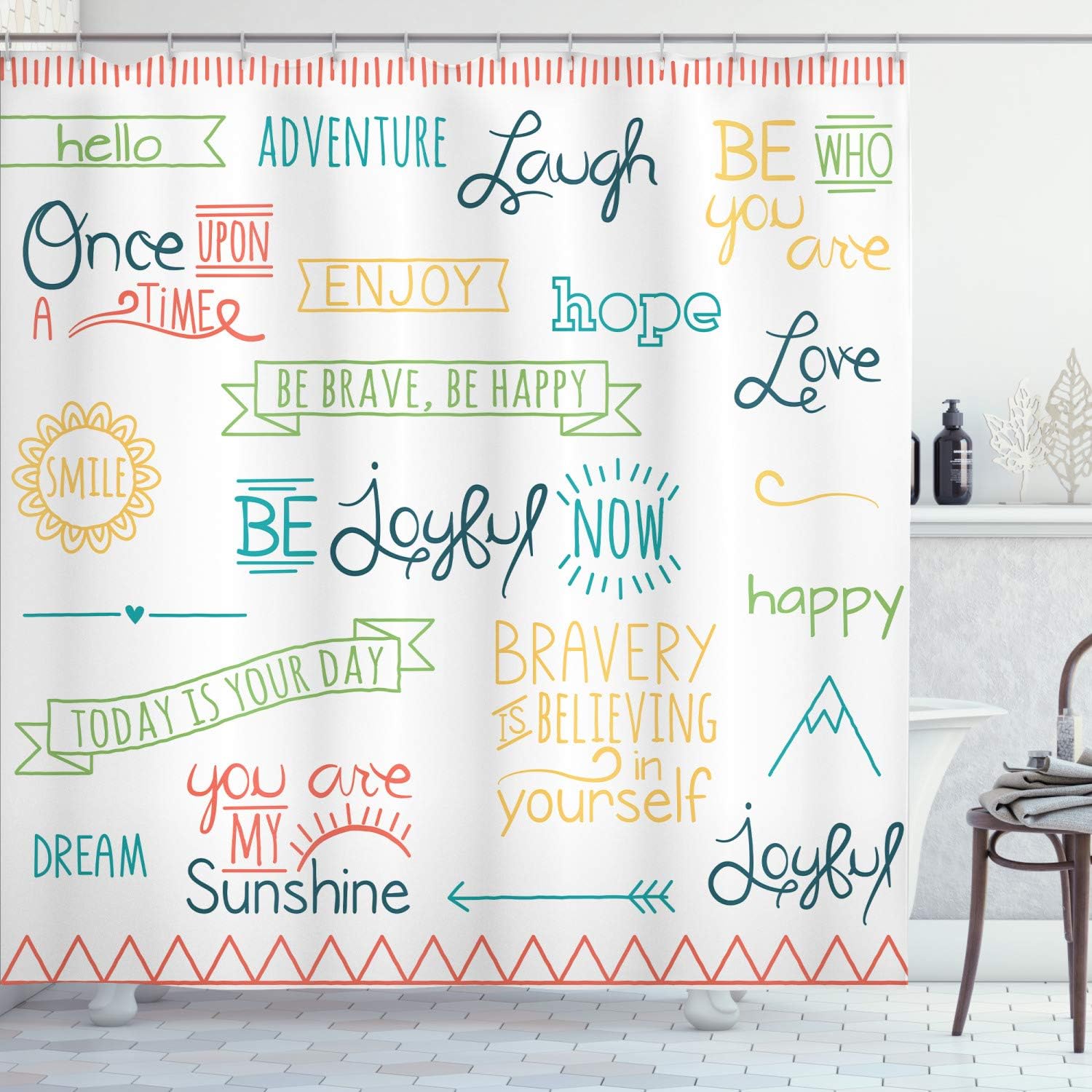 Ambesonne Adventure Shower Curtain, Various Words on Happiness and Self Value Uplifting Phrases Being Who You are, Cloth Fabric Bathroom Decor Set with Hooks, 69" W x 70" L, Pale Orange