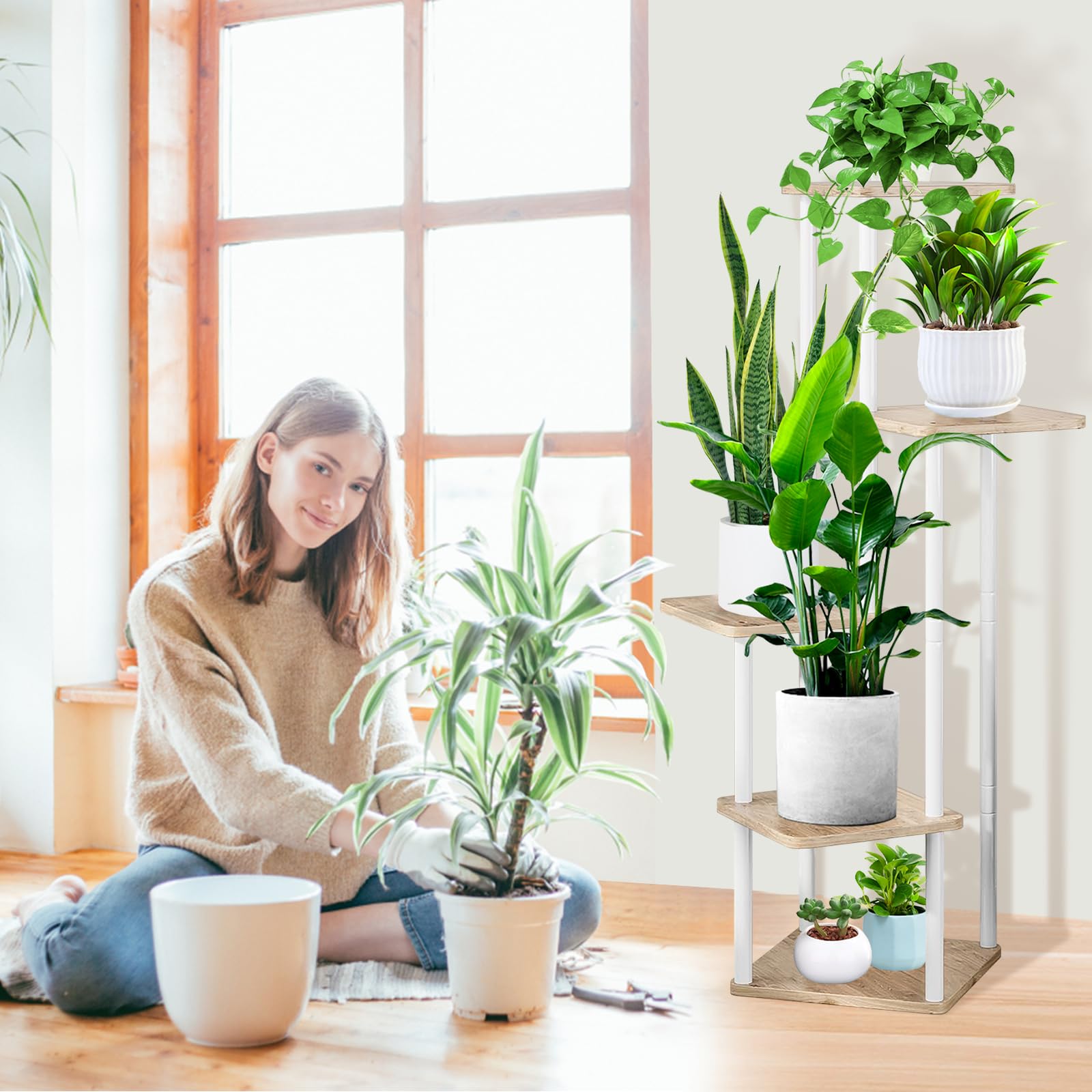 5-Tier Hölzern Blumenregal Pflanzenregal, Mehrstöckig Blumenständer Pflanzenständer Blumenbank Blumentreppe Pflanzentreppe Standregal für Innen Garten Balkon Deko (Weiß Eiche)