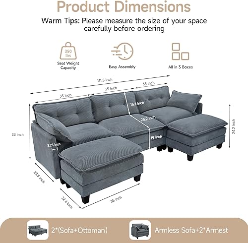 Miniatura 2 de Modular Sectional Sofa, 111.5" U-Shaped Corduroy Comfy Sectional Couches for Living Room, 3-Seater Cloud Couches with 2 Movable Ottomans, Flexible