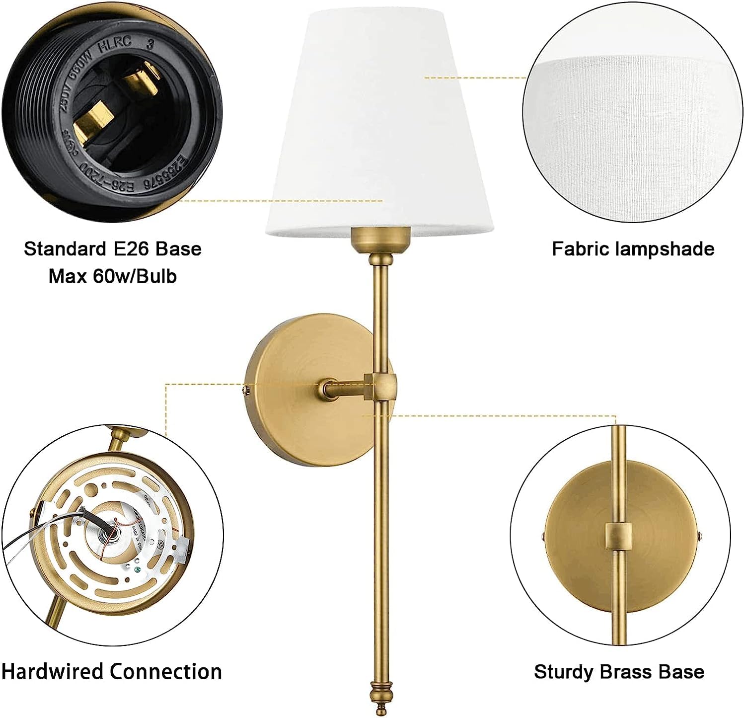 Enyhom 2 Stücke E27 Wandleuchten Innen Vintage Flur Wandlampe Deko Gold Industrial Wandlampe mit Weißem Stoffschirm für Spiegel, Wohnzimmer, Schlafzimmer und Treppe (Ohne Glühbirne)