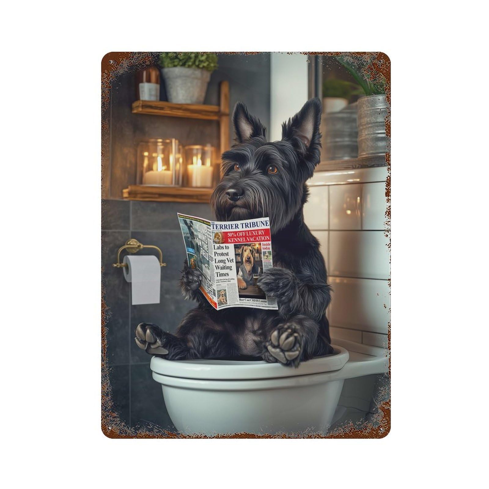 Scottish Terrier on The Toilet Decorative Tin Sign 15.7"x11.8", Farmhouse Wall Decor for Living Room, Hallway And Home Decor