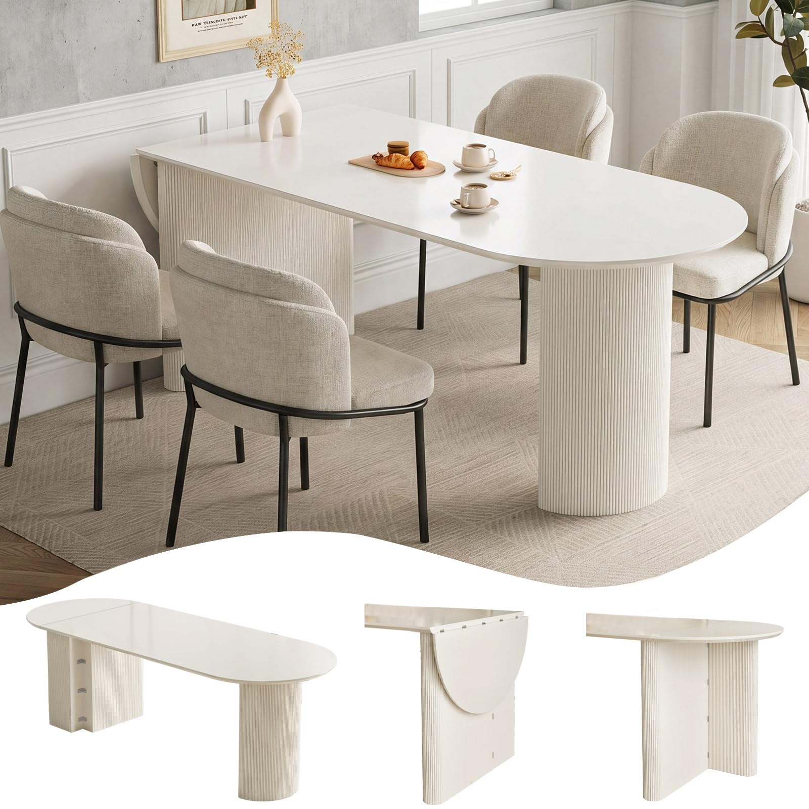 Set tavolo da pranzo espandibile con 4 sedie, design moderno pieghevole da quadrato a rotondo, per sala da pranzo salvaspazio, mobili da cucina eleganti e funzionali