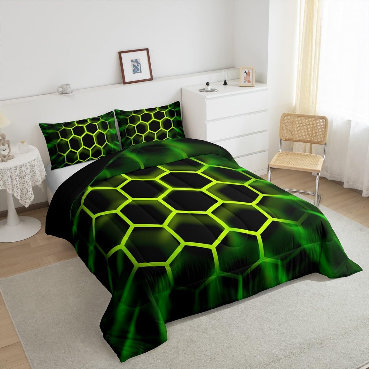 Erosebridal Honeycomb Comforter Set King Black Yellow Geometric Hexagonal Pattern Gamer Bedding Set for Boys Men,3D Hexagon Beehive Down Comforter Game Room Decor,Glowing Neon Home Decor Duvet Insert