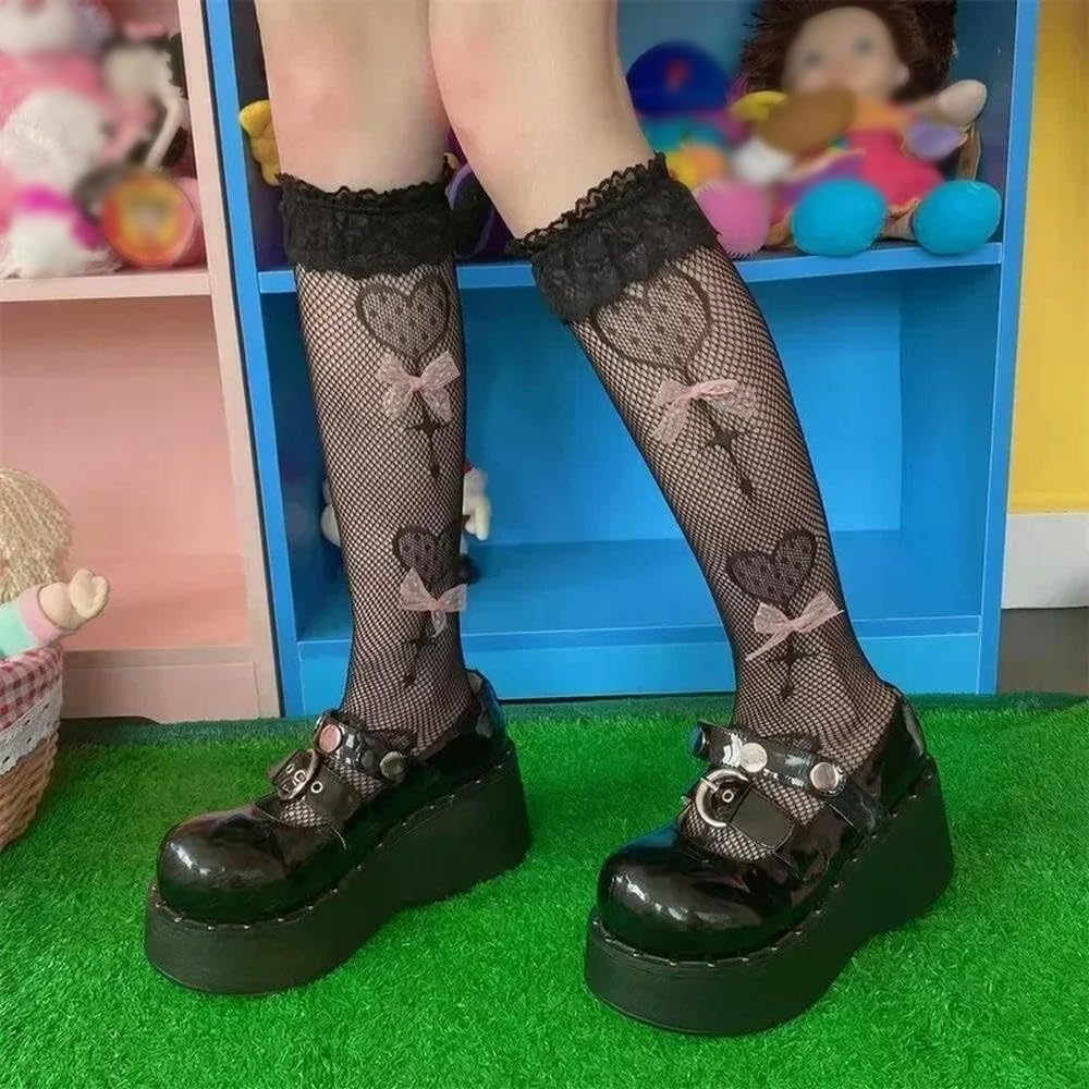 MEIFULLE Lolita Cosplay Girls Bowknot Hollow Out Pantyhose Sexy Thin Ins Tide Lace Tights Anime Socks Black White Fishnet Silk Stockings
