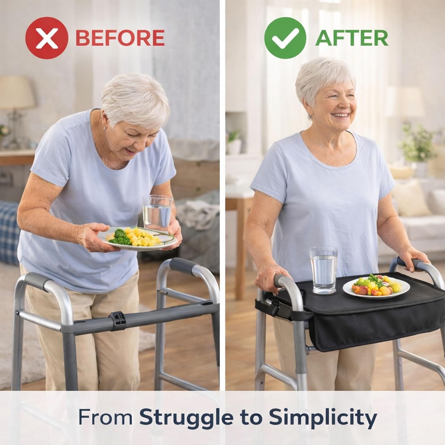 Walker Tray for Folding Walkers, Reinforced Tray Surface for Meals and Drinks, Cup Holder and Front Storage Pockets, Secure Strap-On Design for Medications, Phone and Daily Essentials