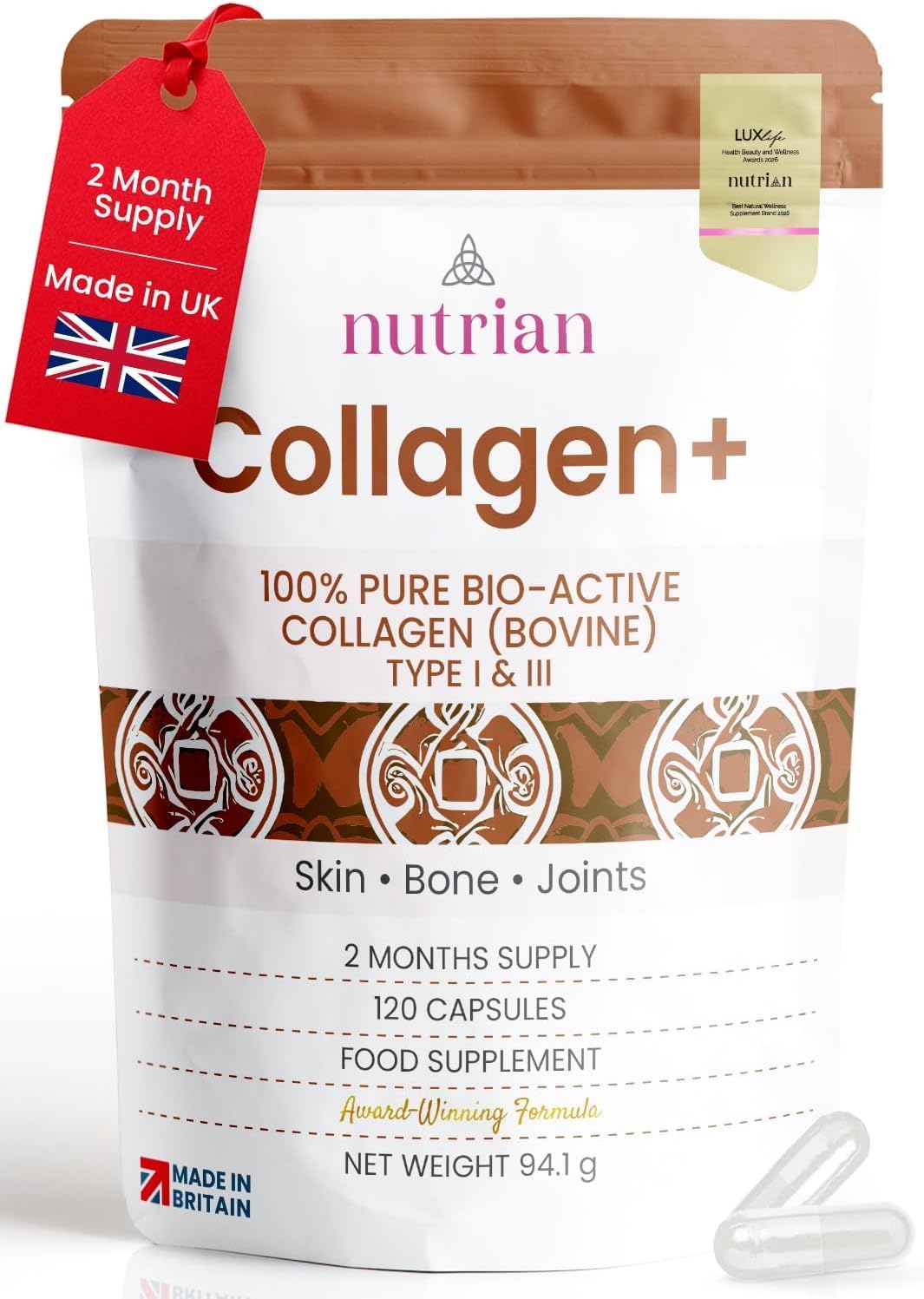Collagen+ | 1200mg Bio-Active Hydrolysed 100% Bovine Collagen Peptides | Grass-Fed, Halal Certified, Made in UK | Type I & III | Skin, Hair, Nails & Joint Support | 120 Capsules