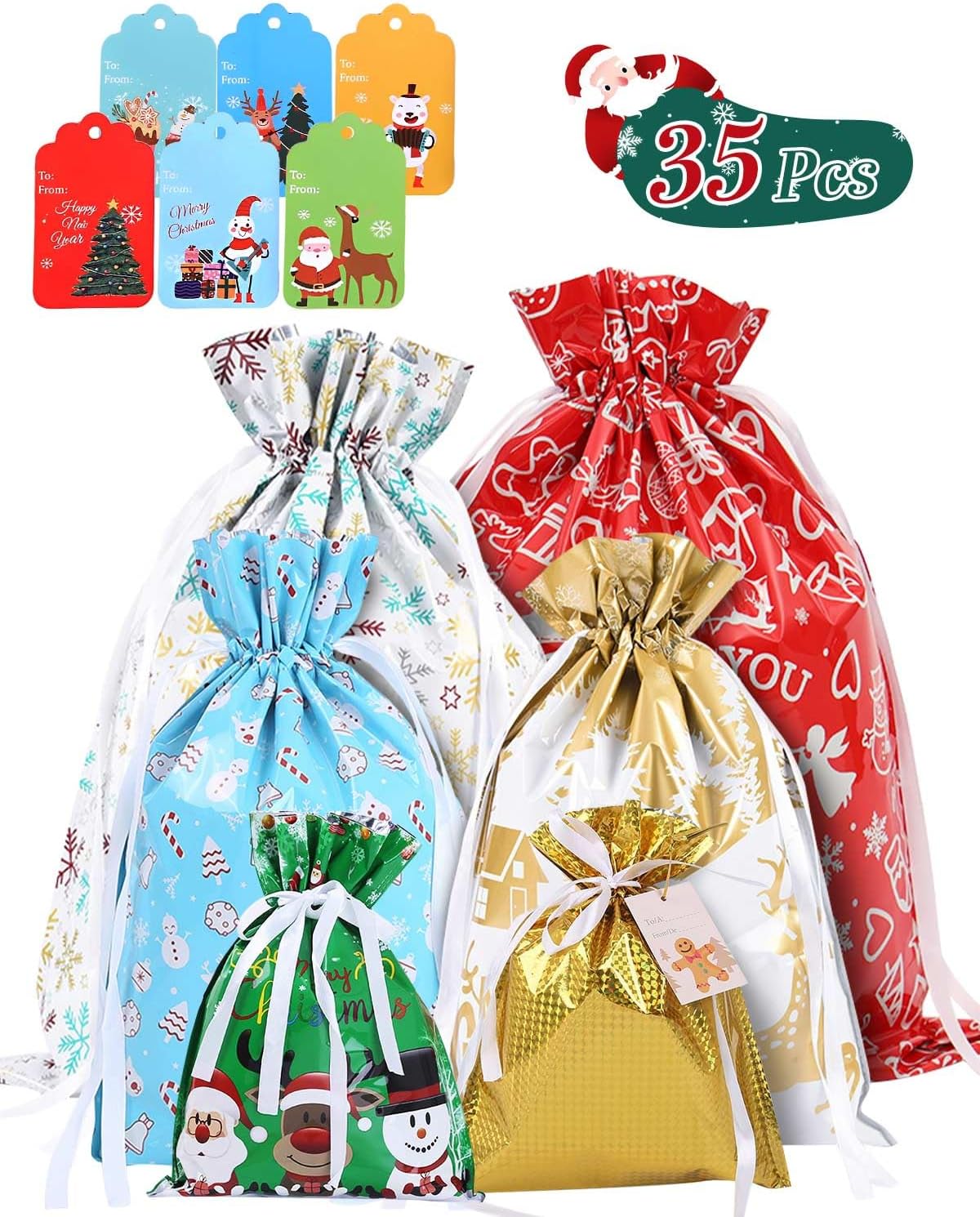 35 PCS Christmas Drawstring Gift Bags, In 6 Designs 4 Sizes Perfect 36