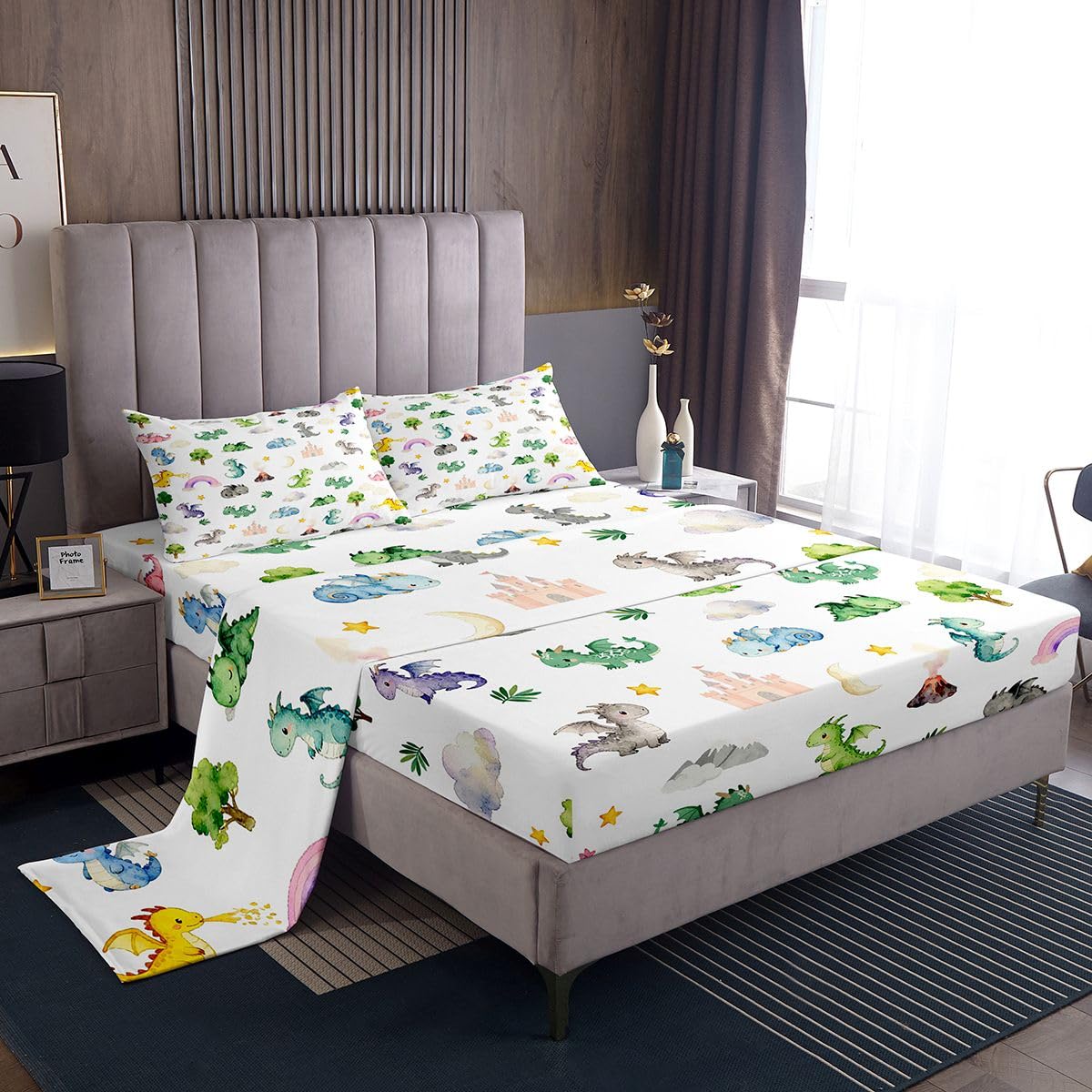 Kids Baby Dragon Bedding Full Size Animal 4 Pieces Sheet With 26 Inch Deep Pockets for Boys Girls Bedroom Decor Cartoon Wildlife Bed Sheets Set Soft Microfiber Women Men White Green With 2 Pillow Case