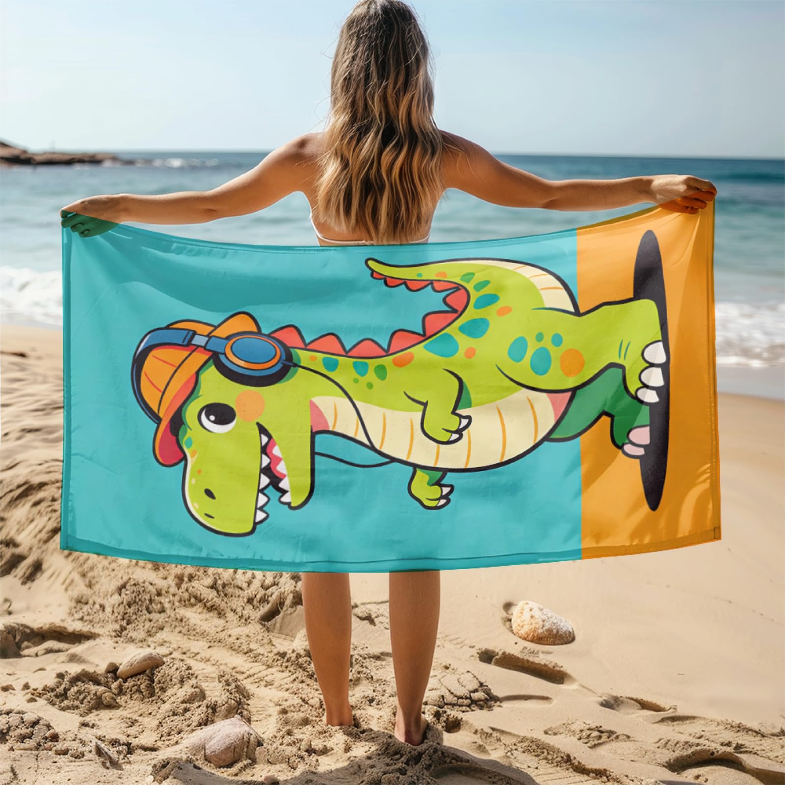 Fouta PlageVert Dinosaure Bleu Modèle Surdimensionné avec Diverses Tailles, Respirante et Portable, Parfaite pour Voyages Sorties Piscine et Usage Extérieur Quotidien 90x160 cm