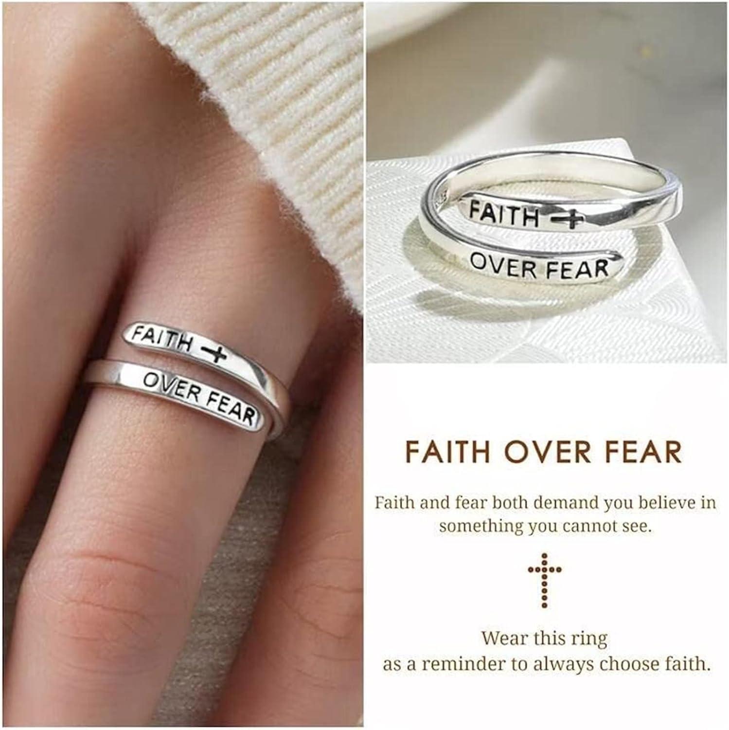 RIQINGY Faiths Over Fear Ring with Card Adjustable Faith
