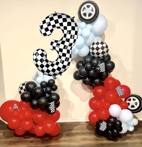 Miniatura 2 de Globo a cuadros número 3  Globo de bandera a cuadros blanco y negro de 40 pulgadas para niños, decoraciones de tercer cumpleaños, carreras de autos