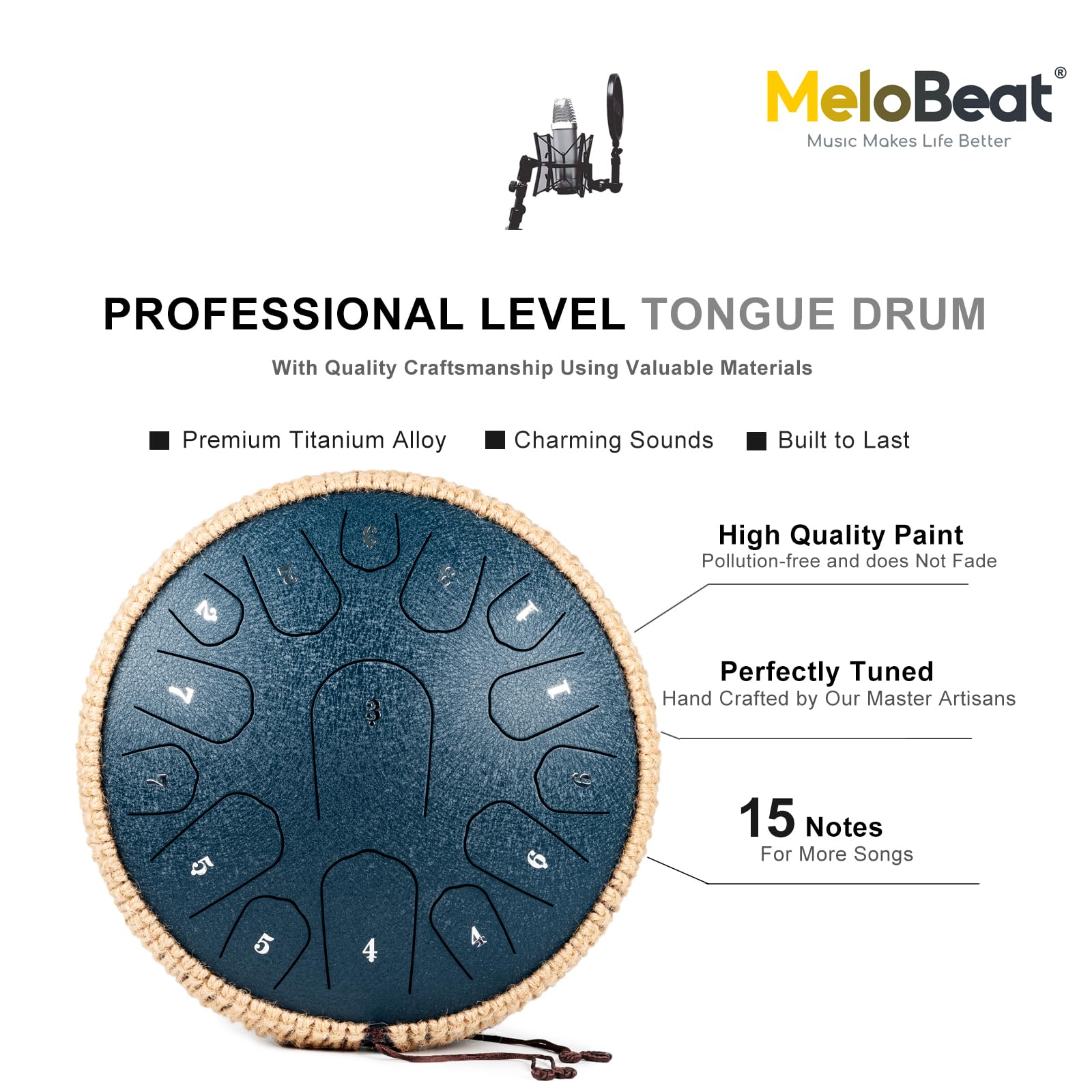 MeloBeat Zungentrommel 13 Zoll 15 Töne - Professionelles Steel Tongue Drum Handpan Set in D Dur inkl. Zungentrommel Liederbuch, Schlagzeug Sticks und Trommel Tragetasche (Dunkelblau)