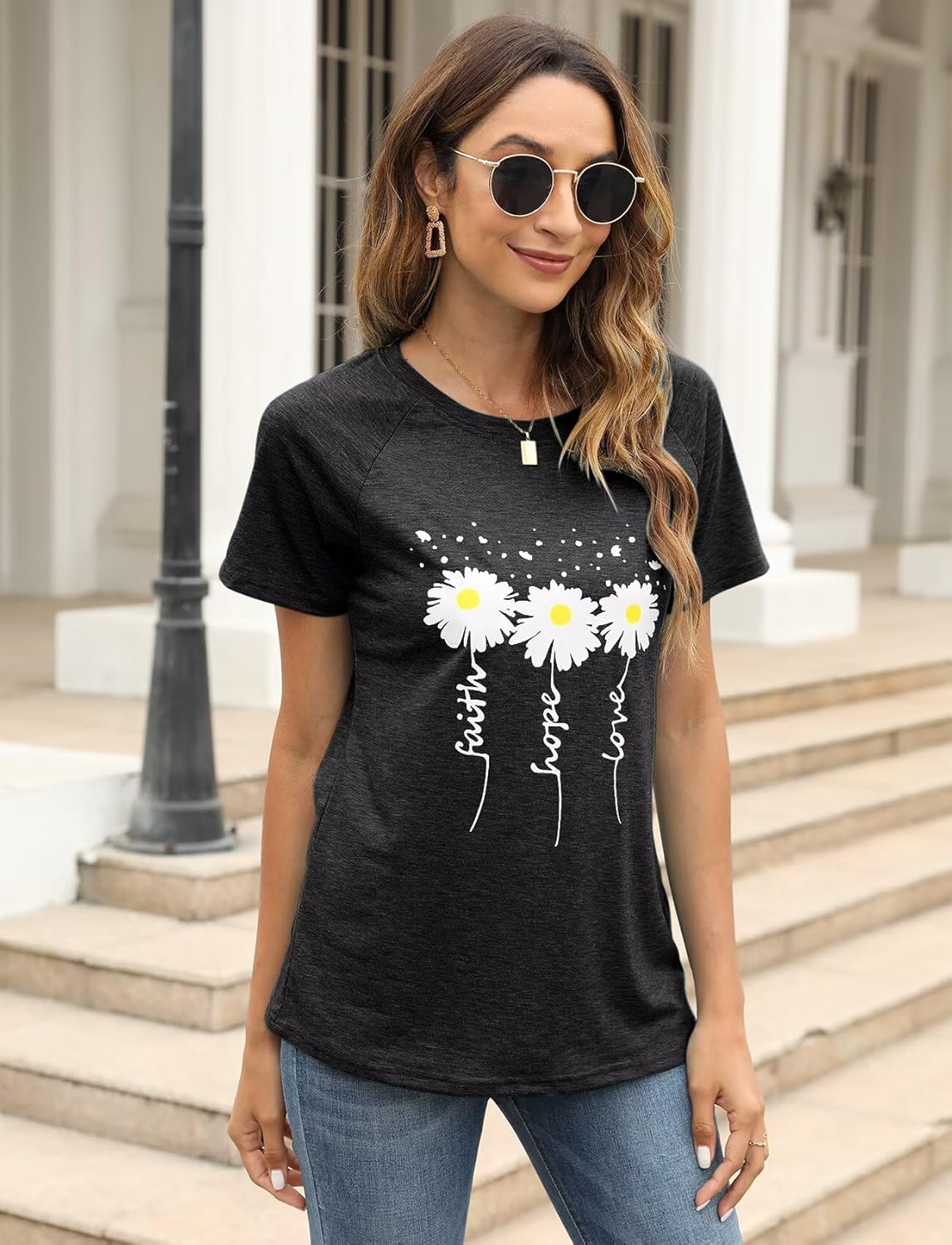 EADINVE Women Crewneck Daisy Print Short Sleeve T-Shirts Summer Faith-Hope-Love Tees Loose Fit Graphic Tops 2026 - Image 4