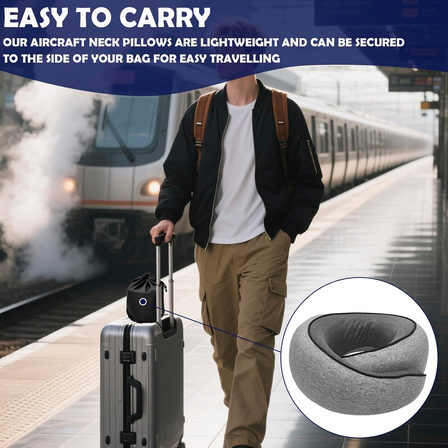 Travel Neck Pillow, Pure Memory Foam Airplane Travel Neck Pillow, Easy to Carry and Store, Includes 3D Eye Mask and Earplugs, Suitable for Airplanes, Offices and Cars