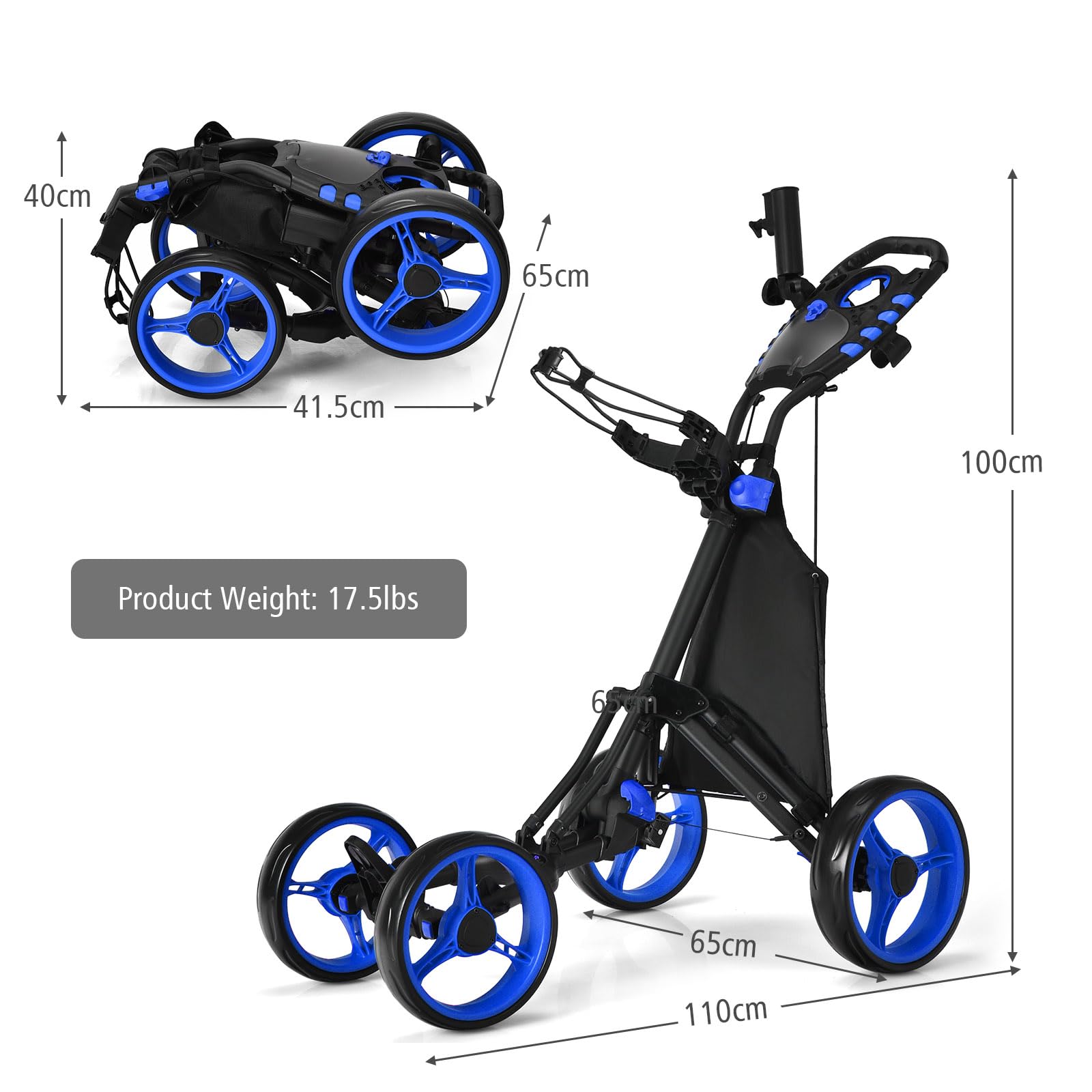LIFEZEAL Golftrolley mit 4 Rädern, Golf Push Cart mit Fußbremse, Golfcaddy mit Aufbewahrungstasche & verstellbarem Griff, 110 x 65 x 100 cm