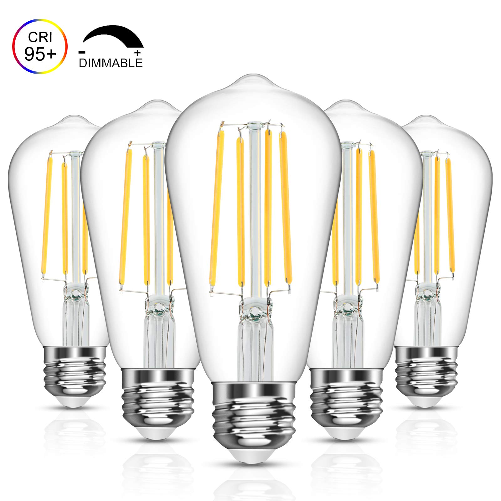 LANGREE Vintage LED Edison Bulb, 6W, Equivalent 60W, DaylightWhite 4000k, Dimmable Led Filament Light Bulb, E26 Base, High CRI 95+ Eye Protection Led Bulb, Clear Glass for Home, Pack of 5