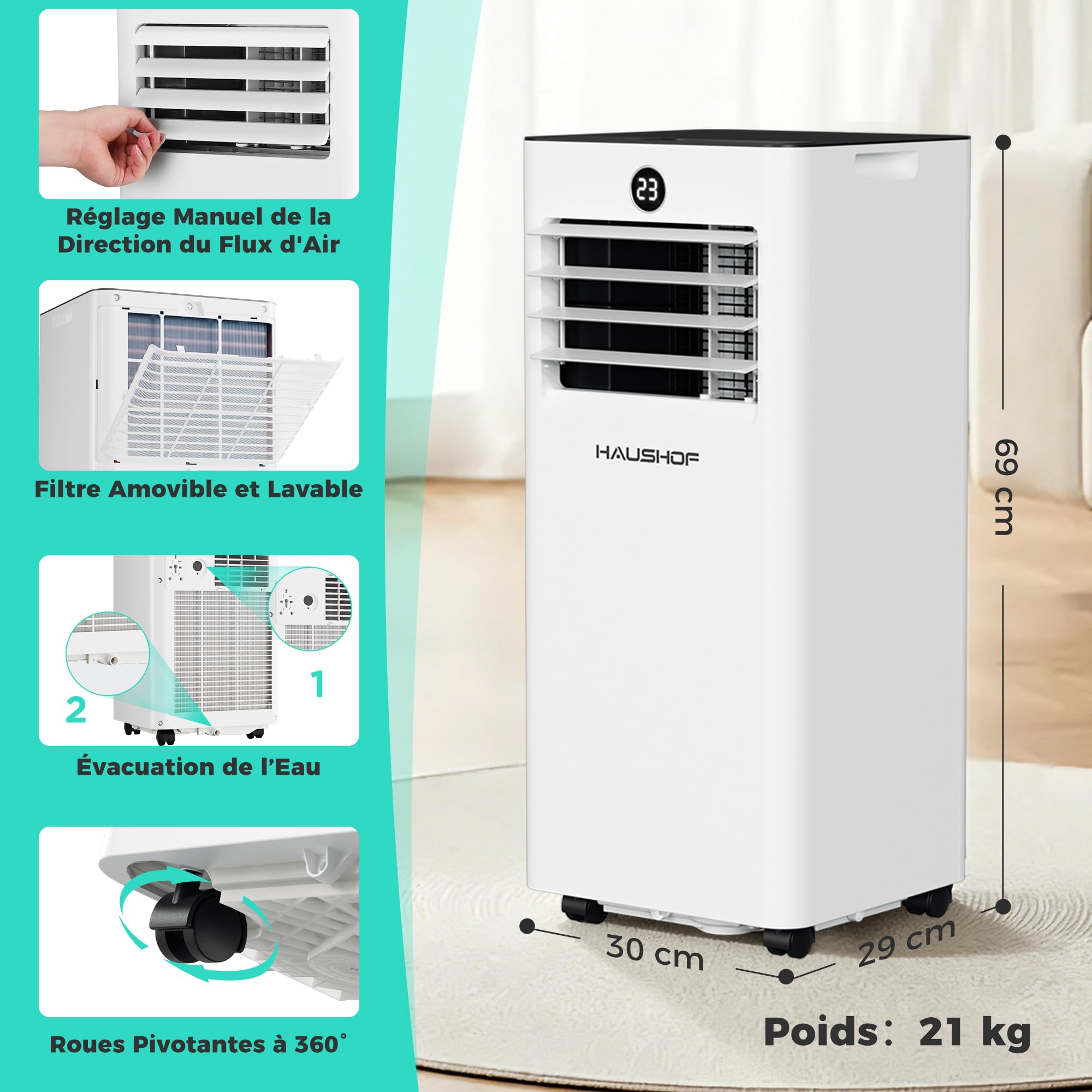 HAUSHOF Climatiseur Mobile 9000 BTU, 4-en-1 avec Tuyau d’Évacuation et Housse d’Isolation Thermique, 330 m³/h, Déshumidificateur 25 L/Jour, Mode Nuit, Télécommande, Kit Fenêtre, Jusqu’à 30 m²