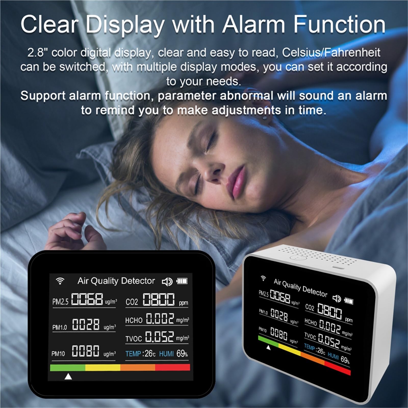 Detector de Gases, WiFi 13in1 Air Quality Tester CO2/TVOC/HCHO/PM2.5/PM1.0/PM10/Temperature/Time/Date/Alarm/Timer/Stopwatch CO2 Meter Tool,para el hogar(Black)