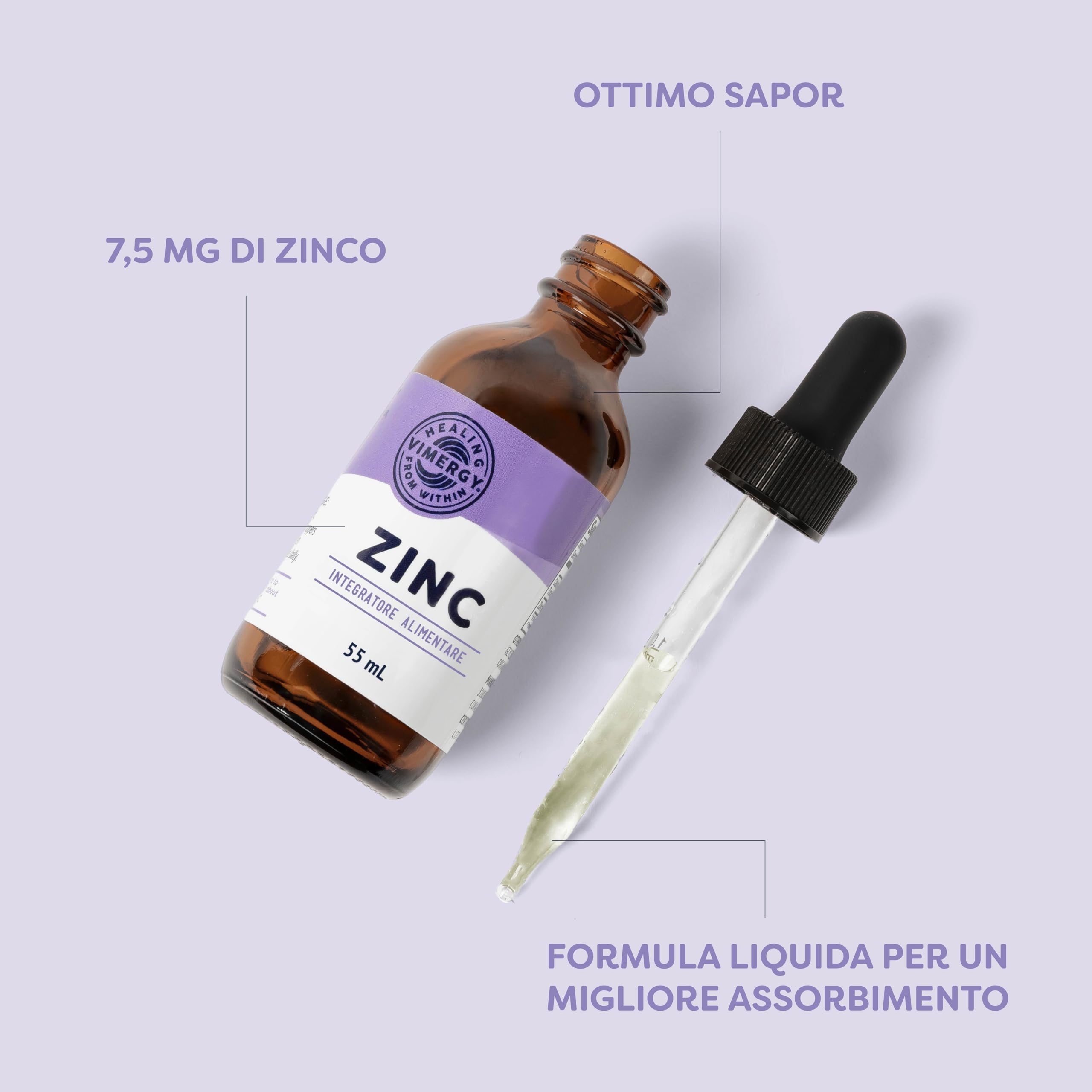 Vimergy Zinco Liquido Formato Prova 55ml – 27 Dosi – Zinco Integratore – Difese Immunitarie, Metabolismo, Ossa – Antiossidante – Senza Zuccheri, Glutine e OGM Kosher Vegan/Paleo-Friendly