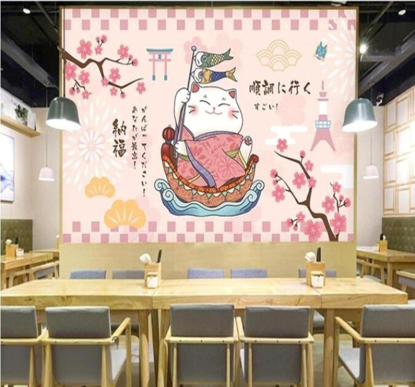 Xlming 300Cm×210Cm(B×H) Hand Drawn Pink Cherry Blossoms Kitten Sushi Restaurant 3D Wallpaper Luxury Home Dining Decor Paste Sofa Living Room The Wall For Bedroom Mural-300Cm×210Cm