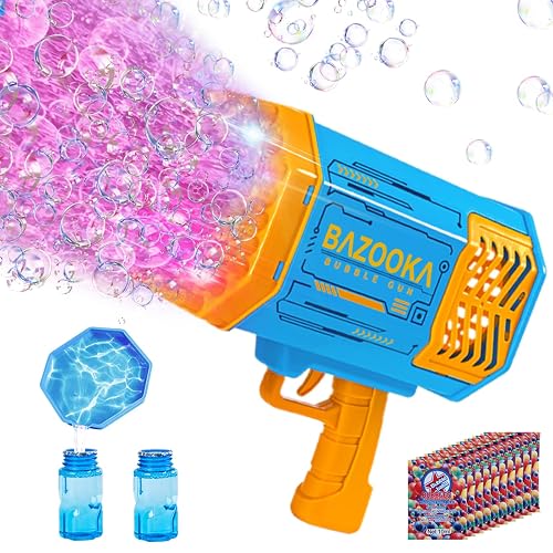 Bubble Gun Bazooka Machine with Solution - 69 Holes Blaster for Outdoor Summer Toy, Party Favors - Blue Easter Bubble Maker Blowers for Kids